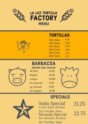 La Luz Tortilla Factory Menu