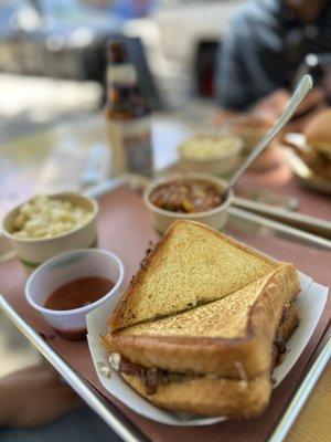 Brisket melt, mac and beans