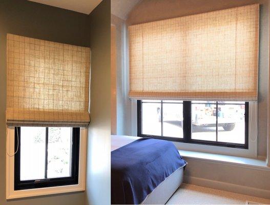 Custom Flat Textured Roman Shade for Matching Bathroom & Bedroom - Filters Light Yet Provides Privacy by Studio Gild Design & Curtain Coutur