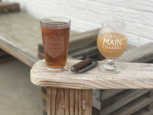 Oktoberfest on the left, Double IPA on the right. And of course, his Oliva.