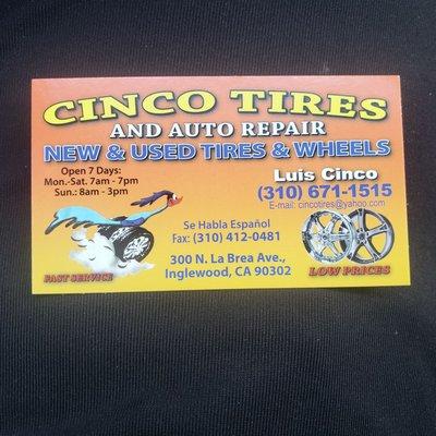 CINCO TIRES business  card.