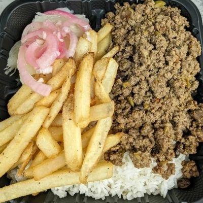 Picadillo Criollo, white rice, french fries & yuca w/mojo