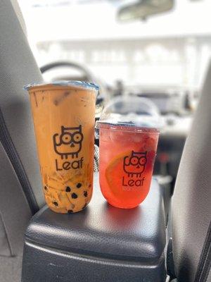 On the left is Thai Tea with Lychee Jelly and Boba! And on the right is Strawberry Sunset Refresher or Strawberry Sunset