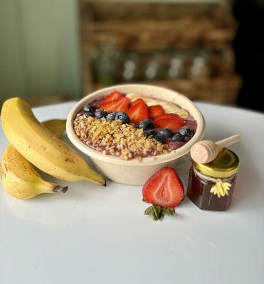 Berry Blessed Açaí Smoothie Bowl topped with Blueberries, Strawberries, Bananas, Granola and Honey