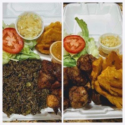 Griot avec diri djondjon- Fried pork with pinto mushroom rice

Boulet avec bannann- Fried meatballs with plantains