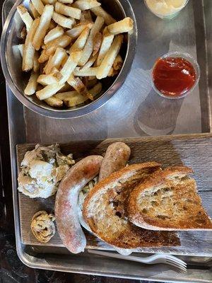 The brat platter with fries.