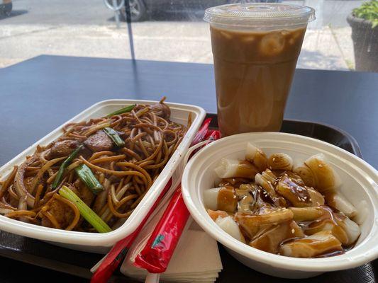 L12. Black Pepper Fried Spaghetti Lunch, Rice Noodle with Mixed Sauce, Hong Kong Style Milk Tea