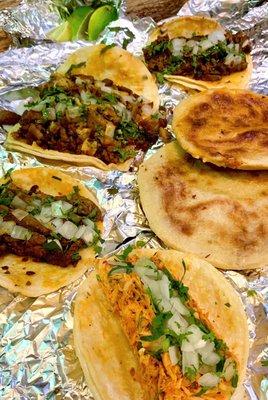 Pollo Taco, Bistec Taco, Al Pastor Taco, Campechanos Taco, Fijol y Queso Pupusa, and Chicharron y Queso Pupusa