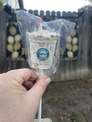 Peanut butter flavored iced coffee cake pops