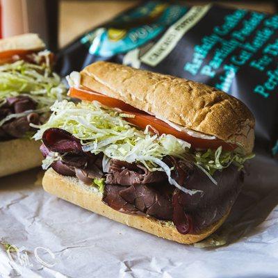 Regular size roast beef sandwich on a french roll with pepper jack cheese and avocado!