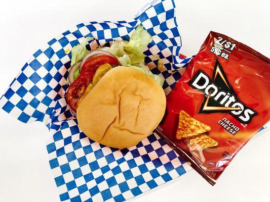 The cheeseburgers are delicious, especially with a bag of chips of your choice.