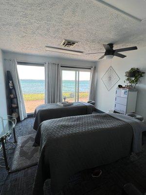 Couples massage room overlooking the bay