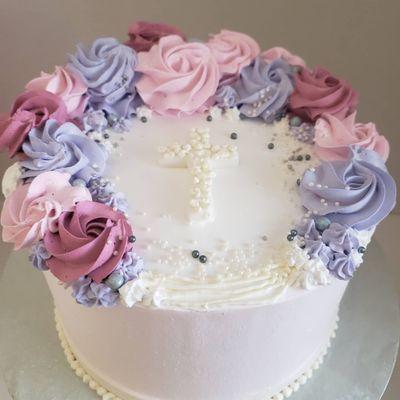 Floral baptism cake made with edible cross by Delicious Edibles Custom Cake Bakery