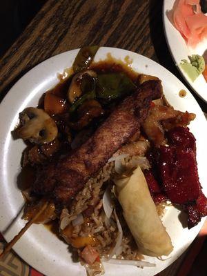 My first trip to hot buffet; chicken teriyaki, spring roll, beef & mushrooms, boneless ribs, etc