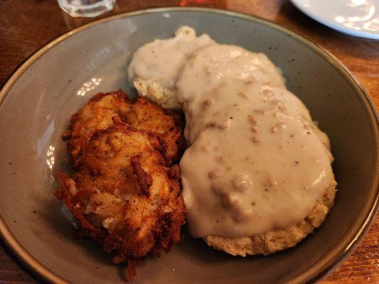 Tremendous biscuits n' gravy with side of hash browns. So good!