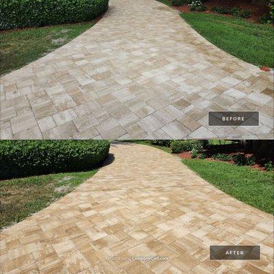 Before and after of a tan paver driveway. Paver Sealing, paver restoration.