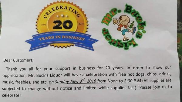 Wow...Mr. Buck's is celebrating their 20th anniversary in business!!