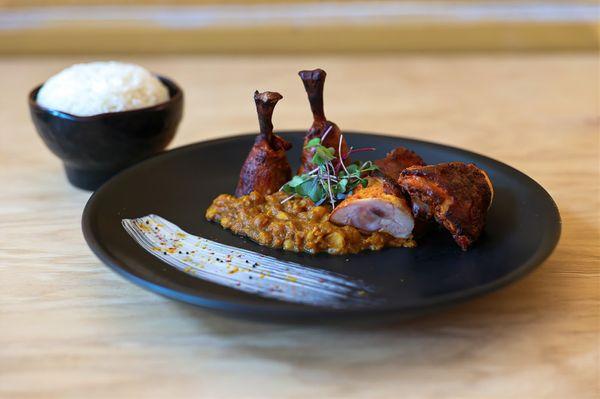 Roasted over Oak and Cherry wood,
 robust tomato chickpea curry, and white fluffy rice (the most important part for Asians).