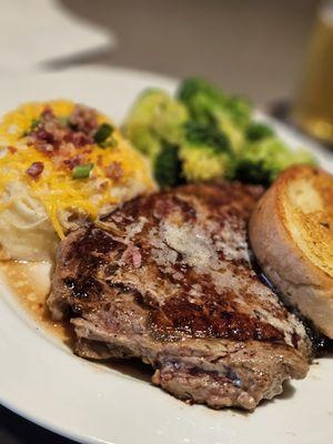 Ribeye Steak, Loaded Potatoes, and Brocxoli