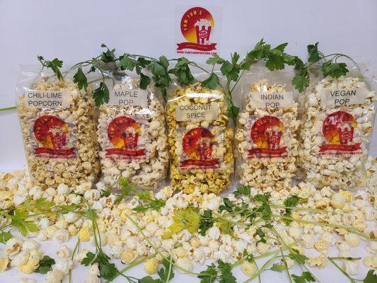 Five (5) cup sizes in clear bags of healthy gourmet goodness. Air-popped, all-natural, non-processed, gluten-free, and vegan popcorn with no