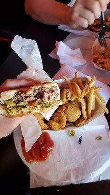 The Godfather with sampler on the side; fried pickles, fried onions, and French fries