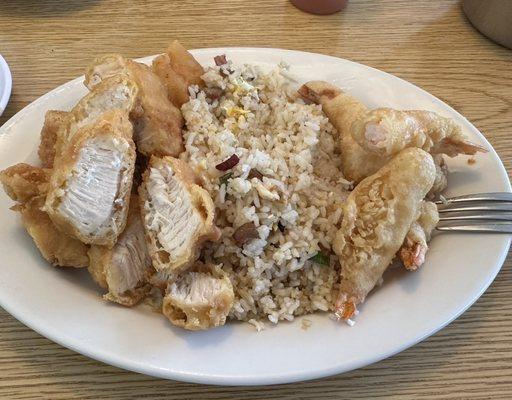 Mar Far Chicken, pork fried rice & fried shrimp