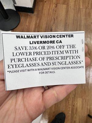 I can't believe that I saved all most $100 on my eyeglasses. I came in for a new eye exam ordered my glasses with this surprise savings.