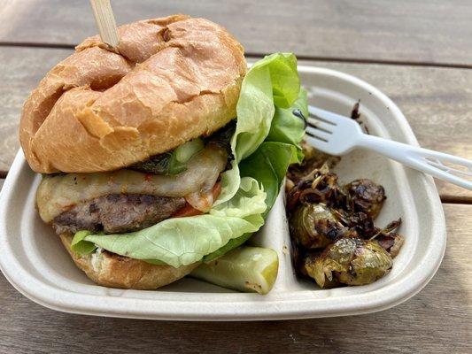 Wild Fire Burger and charred brussels sprouts