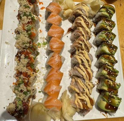 Left to Right:  Smokey Fins Roll Alaskan Roll Sweet Dream Roll Domino Roll