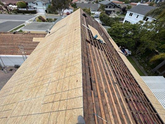 Sheathing Install - Cal Shake to Shingle Reroof Huntington Beach, CA