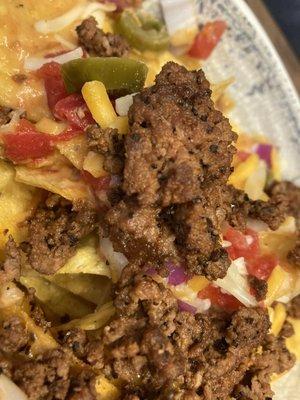 Nachos with shredded beef? It's clearly old ground beef. Looks like cat food.