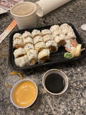 Spicy Tuna Roll, Spicy Salmon Roll & Spicy Crab Roll with  miso soup & spicy Mayo and eel sauce on the side.