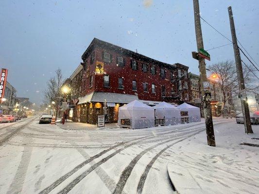 Winter outdoor dining in heated tents.