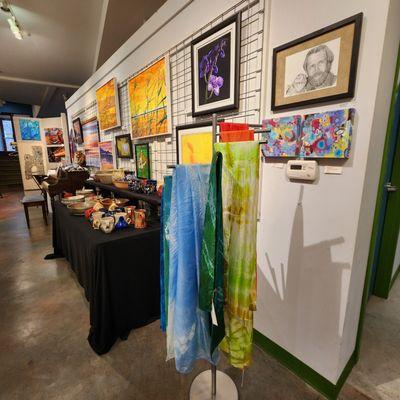 locally made pottery, paintings and fiber art