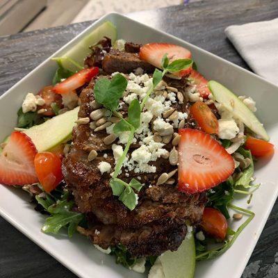 Ny strip strawberry field green salad.