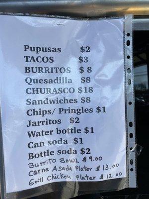 Menu with prices