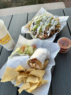 Shrimp burrito and loaded Pollo Asado Fries