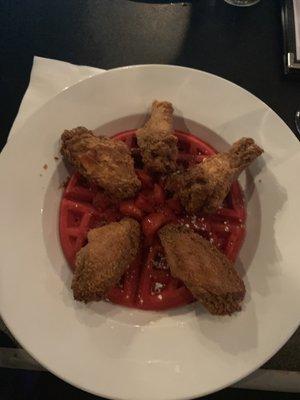 Red velvet chicken and waffles