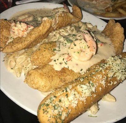 Fried Fish over Crawfish Pasta!!!