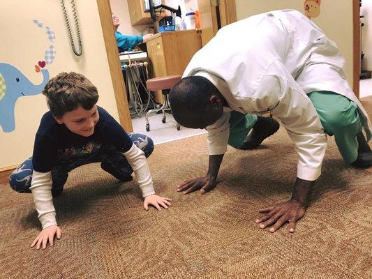 Dr. T is not afraid of a Yoga Challenge with his patients!