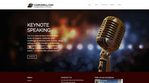Caz Russell is a John Maxwell Certified Leadership Trainer. The Keynote Speaking page  has attractive photography and an effective CTA.