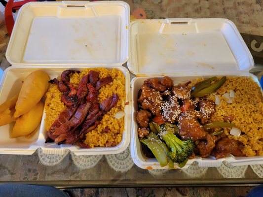 Chicken fingers,  boneless spare ribs, sesame chicken