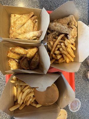 Seafood Rangoon, Mac Zaddy, Chicken Tenders 6 Pc and Fried Gyoza (6)