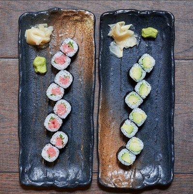 avocado roll and yellowtail scallion roll.