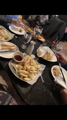 Tempura, fried rice, sushi