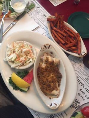 Baked Haddock dinner with Sweet Potato Fries  Fish is delish!!! Nice light topping, great seasoning. Crispy and non greasy fries.