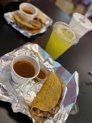 Birria taco, pineapple water