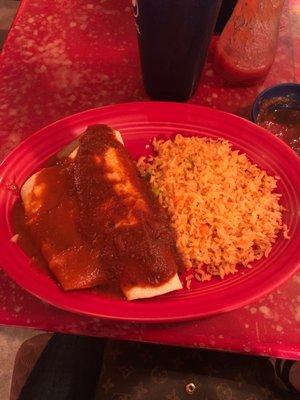 Vegetarian bean burrito and cheese enchilada with rice.