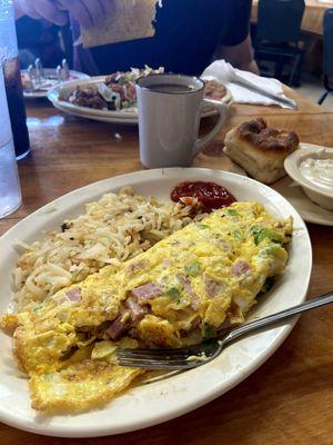 Denver omelet, hashbrowns, biscuit and gravy