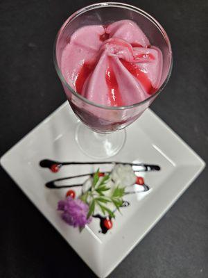 Mixed Berry Flute - Mixed berry gelato with a hint of lemon juice swirled with raspberry sauce.